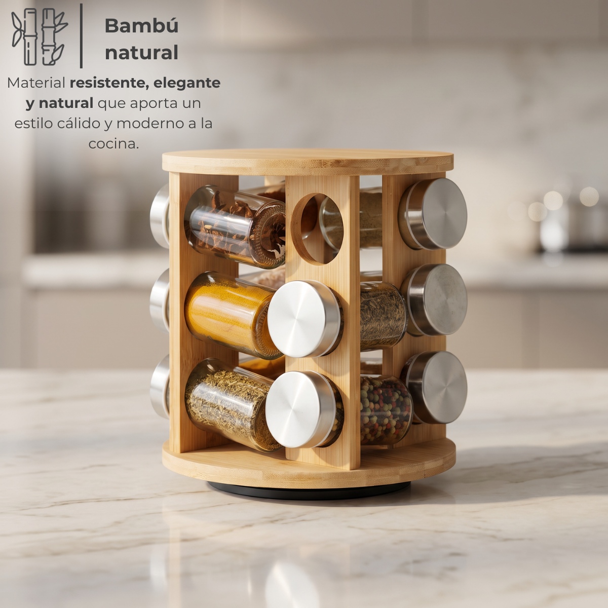 Especiero giratorio de bambú circular con 12 frascos — foto 2