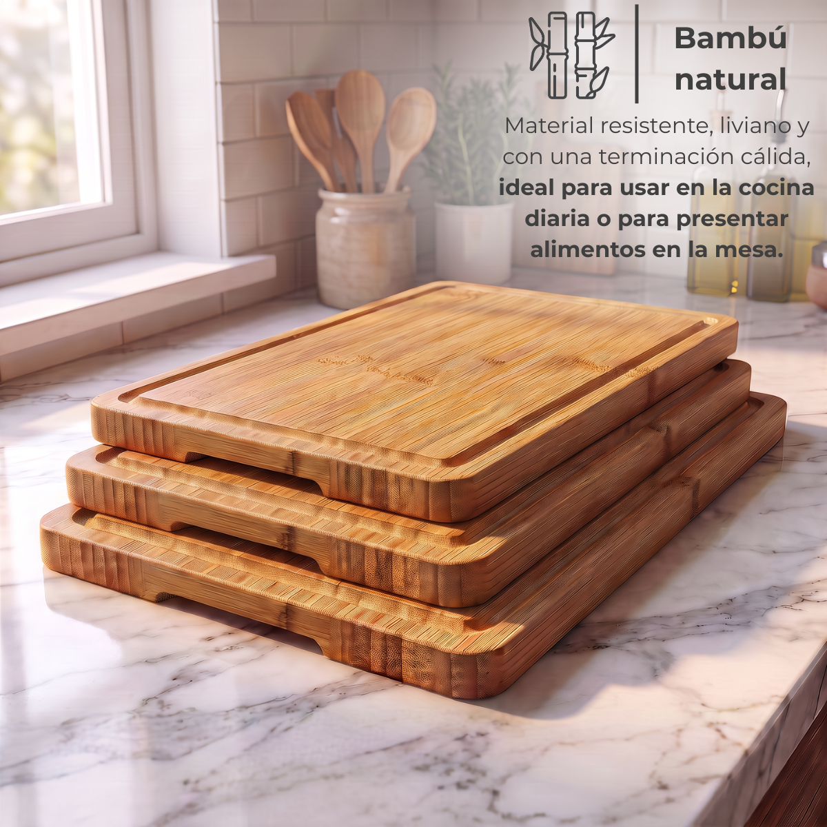 Set de 3 Tablas de Bambú con canaleta y manija — foto 2