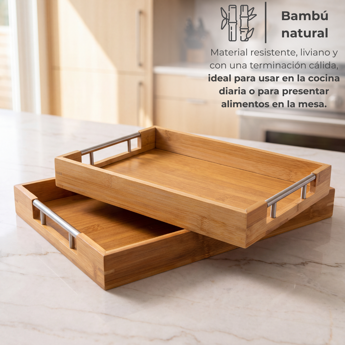 Set x2 Bandejas de Bambú con Asas Metálicas — foto 2