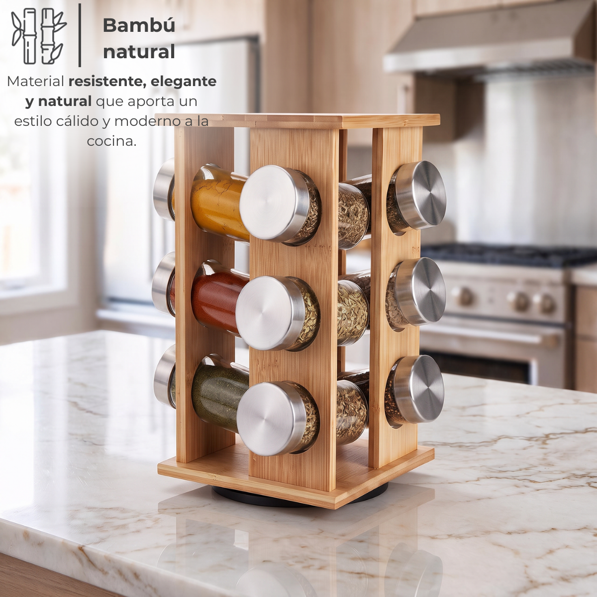 Especiero giratorio de bambú rectangular con 12 frascos — foto 2