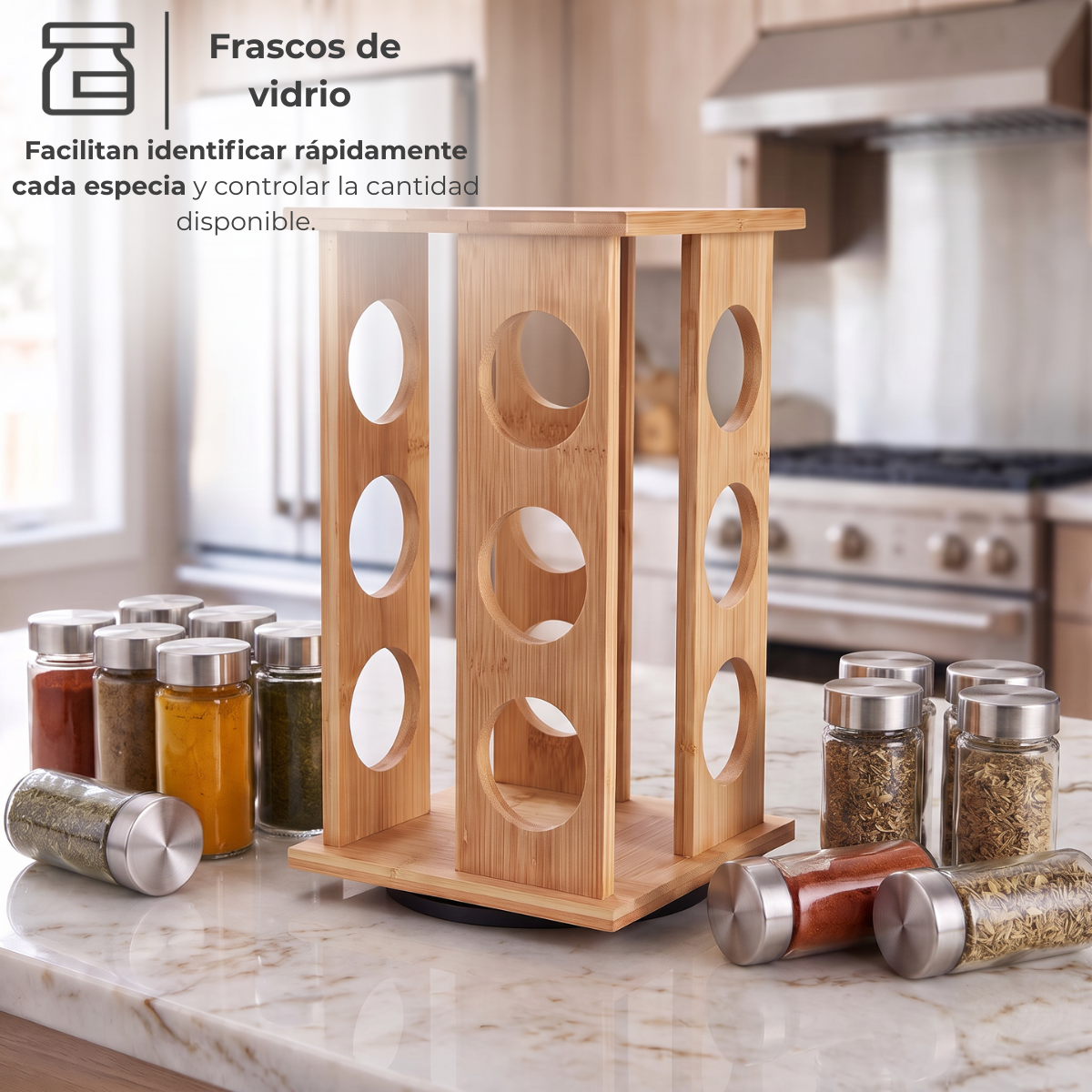 Especiero giratorio de bambú rectangular con 12 frascos — foto 4
