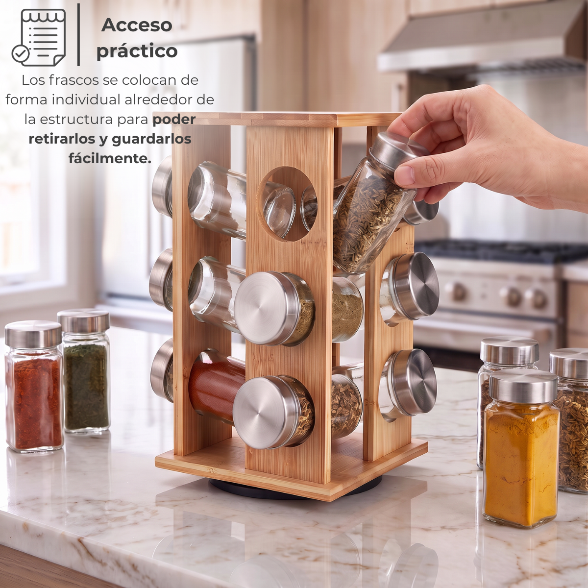 Especiero giratorio de bambú rectangular con 12 frascos — foto 6